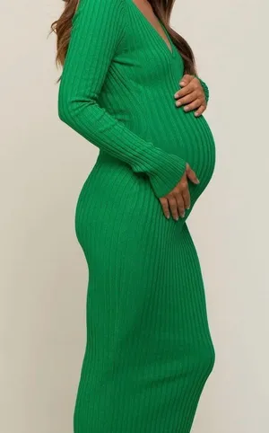 Maternity Dress Forum Green Ribbed Long Sleeve V-Neck Bodycon Dress thumbnail 2
