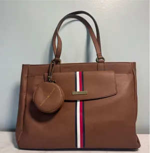 Women's Tommy Hilfiger Brown Tote Bag Large Red White Blue Logo Shopper Purse thumbnail 1