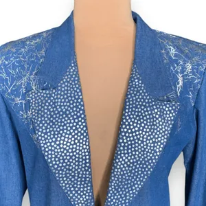 Vintage‎ Blue Denim Blazer Silver Polka Dot Boho Western Jacket Artsy Eclectic thumbnail 4