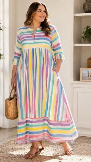 Styled by Saybury Women’s Rainbow Stripe Maxi Dress Pockets Boho Size XL Vintage thumbnail 1