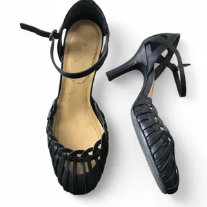 Vintage 90s 2000s Y2K Whimsygoth Leather black fisherman maryjane heels pumps roman hollow strappy cage cone curved round toe basket weaving Heel height:3.2” thumbnail 1