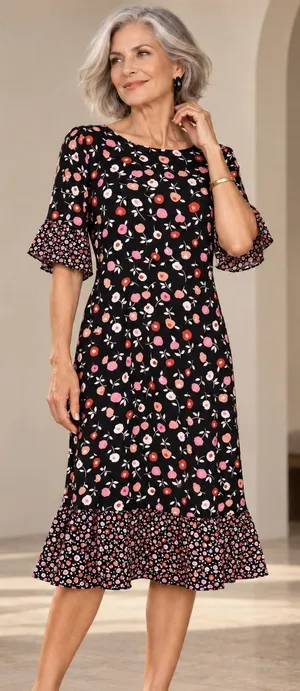 Talbots Womens Black Pink Floral Mixed Print Ruffle Hem Bell Sleeve Midi Dress 6 thumbnail 1