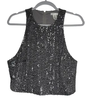 HM Silver Sequin Crop Top High Neck Sleeveless Back Zip Party Tank Large‎ thumbnail 1