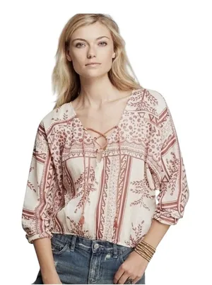 Free People Medium Tunic Top Blouse Floral Print Lace Up Bohemian Boho‎ 1254 thumbnail 1