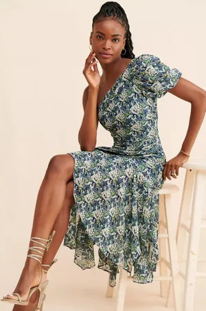 ASTR The Label Santorini Dress Medium Green‎ Blue Floral One Shoulder Midi thumbnail 1