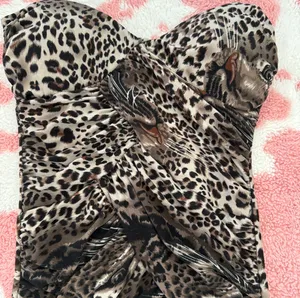 Y2K Leopard Print Bodycon Mini Dress 🐆 Strapless Ruched Corset Dress w/ Built In Bra Pads Size S thumbnail 5