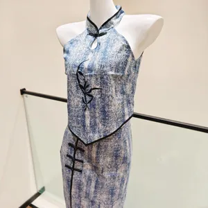 Women Two Piece Cheongsam Outfit Halter Neck Top & Midi Skirt Set Embroidery Frog Button Slit Skirt thumbnail 3