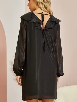 Andree by Unit Black Shimmer Ruffle V-Neck Mini Shift Dress Long Sleeve LBD 1X thumbnail 8