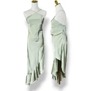 Hello Molly Sage Green Satin Halter Ruffle High Low Midi Dress Womens Size 10 thumbnail 4