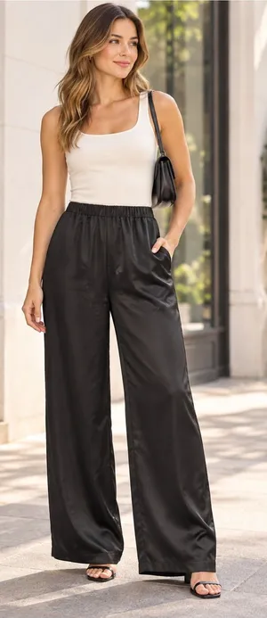 Être Aimé Black Satin Wide Leg Pull On Pants XS thumbnail 1
