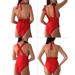 [Yolipuli] Red One Piece Convertible Swimsuit Bow Straps V-Neck Ruched Sz Large thumbnail 2