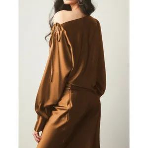 Commense Elegant Copper Minimalist Satin Asymmetrical Cold Shoulder Blouse XS thumbnail 5