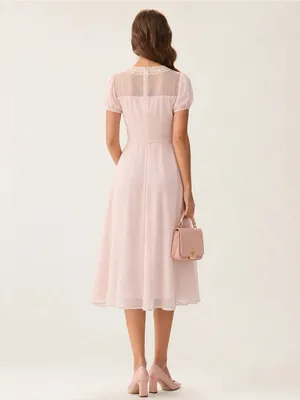 Rihoas Elegant Puff Sleeve Midi Dress in Light Pink thumbnail 3