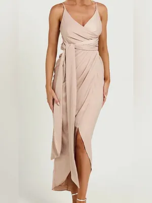 Showpo Wrap Tie Tulip Hem Dress Champagne Size 16 thumbnail 2