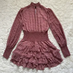 Bardot Dress Georgette Soft Floral Tiered Shirred Mini Long Sleeve Pink M thumbnail 5
