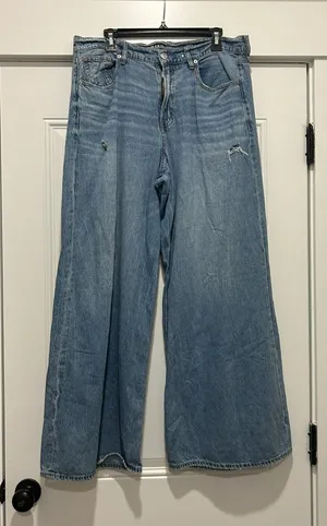 American Eagle Super High Rise Baggy Wide Leg Jeans Blue Raw Hem Size 12 Regular thumbnail 1
