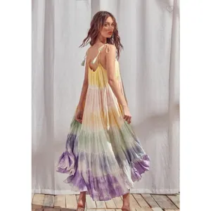 STORIA Tie Dye Maxi Dress Colorful Sleeveless Tasseled Straps Size S 100% Rayon thumbnail 3