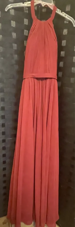 Kleinfeld sangria red Dress Halter Pleated Long Formal Read Preowned Size 6 thumbnail 1