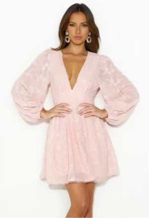 Hello Molly Flower Patch Mini‎ Dress Size 2 XS Pink Long Sleeves Floral Feminine thumbnail 1