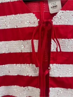 QUEEN OF SPARKLES Red & White Striped Tie-Front Puff Sleeve Crop Top thumbnail 5