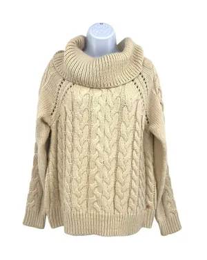 Volcom Snooders Beige Cream Cable Knit Chunky Cowl Neck Sweater Size Medium thumbnail 1