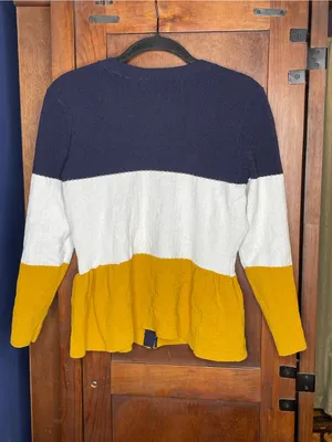 Ann Taylor Womens Colorblock Peplum Cardigan Medium Navy Mustard Preppy Mod thumbnail 4