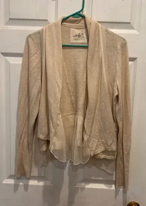 Angel of the North Beige Knit Cardigan‎ Sheer Ruffle Trim Open Front Women's L thumbnail 1