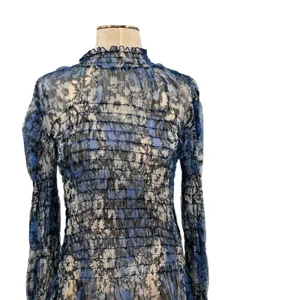 Free People Hello There Top‎ Blouse Smocked Flare Sleeve Mesh Floral Blue Large thumbnail 4