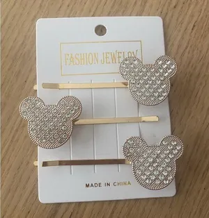 🆕Mickey Mouse Hair Clips Gold Tone W/ Rhinestones 3 PC🆕 thumbnail 1