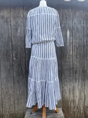 Lauren Ralph Lauren White Maxi Dress Black Stripes Ruffled Tiered Hem Sz 14 thumbnail 5