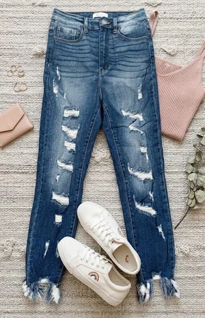KanCan Signature Skye High Ankle Skinny Jeans Distressed Frayed Hem Blue Size 26 thumbnail 1