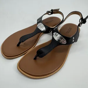 Michael Kors Women's MK Plate Logo Thong Flat Sandal Black Leather Size 6‎ thumbnail 6