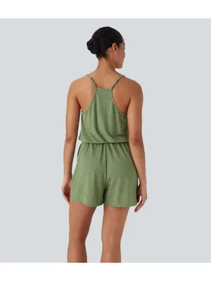 Halara Romper Blouson Racerback Pockets Elastic Waist Heathered Green L thumbnail 2