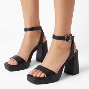 A New Day Black Platform Block Heel Sandals Square Toe Ankle Strap Womens Size 9 thumbnail 1
