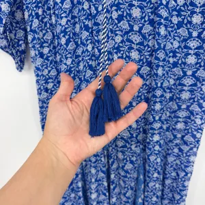 Zara Semi Sheer Blue White Floral‎ Tassel Tie Midi Dress Size S Small Boho Flowy thumbnail 3