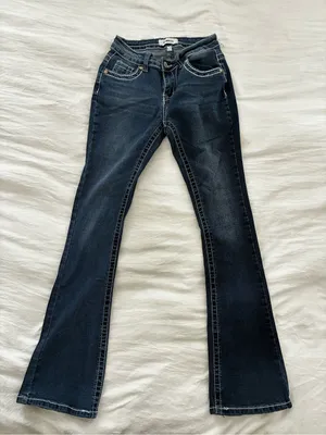 BAMBOO Dark Indigo Flare Jeans with White Embroidered Back Pockets thumbnail 1