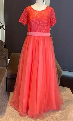 Women’s Full Length Tulle & Lace Sort Sleeve Dress Zip Up Back Size 14 NWT thumbnail 1