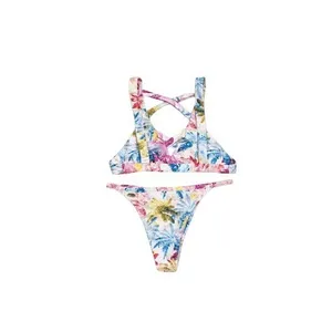 MegLiz Swimwear‎ Pink Blue Tropical Palm Tree Strappy Bikini Size Small thumbnail 3