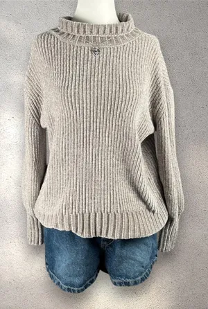 Cynthia Rowley XS Chenille Turtleneck Sweater Beige Gray Super Soft Cozy Knit thumbnail 1