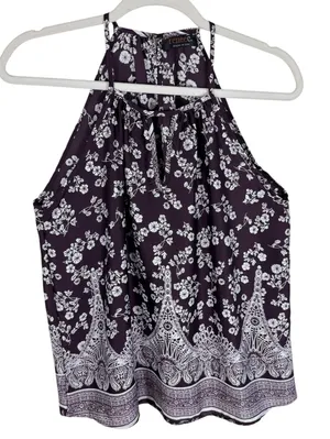 Renee C. Wine Purple White Floral Racerback‎ Lightweight Tank Blouse Size M thumbnail 1