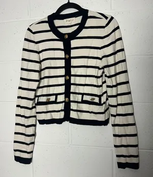Marled Women Striped Cardigan Sweater White Black Gold‎ Crest Buttons Small prep thumbnail 1