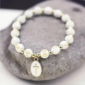 White Stylish Elastic Beaded Cross Charm Bracelet‎ Enamel Oval Cross Beaded thumbnail 8