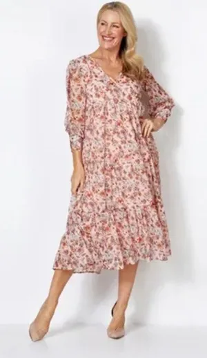 Parker & Rowe Pink Floral Midi Dress Sz S thumbnail 1