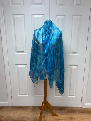 Blue Brushstroke Hand-Dyed Mulberry Silk Scarf -31" x 67" - NEW In Bag. thumbnail 5