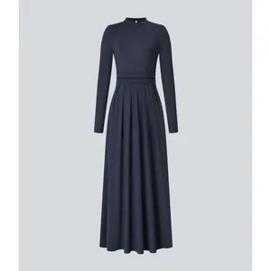 HALARA Navy Blue Mock Neck Long Sleeve Pocket Flare Maxi Casual Dress Knit XS thumbnail 12