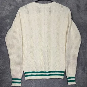 American Eagle Sweater Womens XS Cream Green Varsity Striped Cable Knit Crewneck thumbnail 7