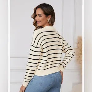NEW Cream Striped Button Down Cardigan Sweater Long Sleeve L thumbnail 2