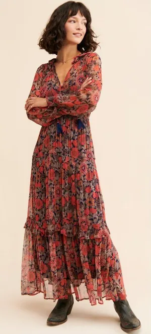 NWT Anthropologie The Marais in Red Floral Print Chiffon Maxi Dress S thumbnail 1