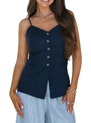 Olivaceous Ina Button‎ Top Navy Linen Cotton Blend Adjustable Strap Camisole C129-M Medium thumbnail 1