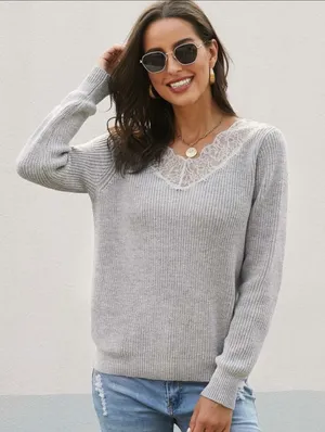 SheIn Grey Ribbed Sweater With Lace Neckline Detail thumbnail 5